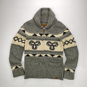 TNA By Artzia 100% Lambswool Cowichan Knit Sweater Hoodie Grey Cream Native